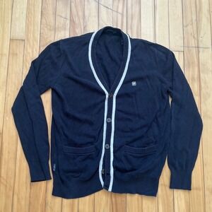 Sean John Mens Navy Blue Cotton V-Neck Button Front Cardigan Sweater Large
